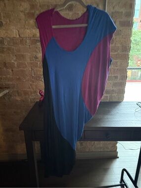 Asymmetrical Colorblock Long Tunic top/ Dress in Blue, Magenta & Black
